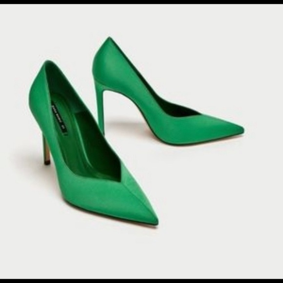 green satin pumps